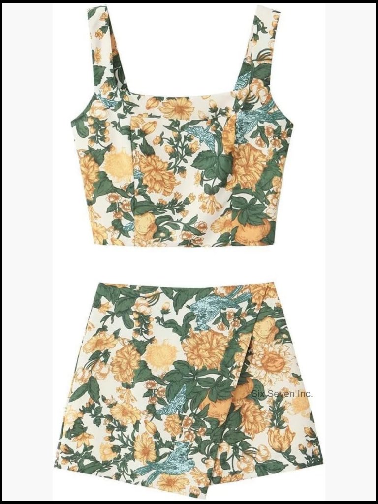 Floral Crop Top And Mini Skirt Set Square Neck Elastic Back